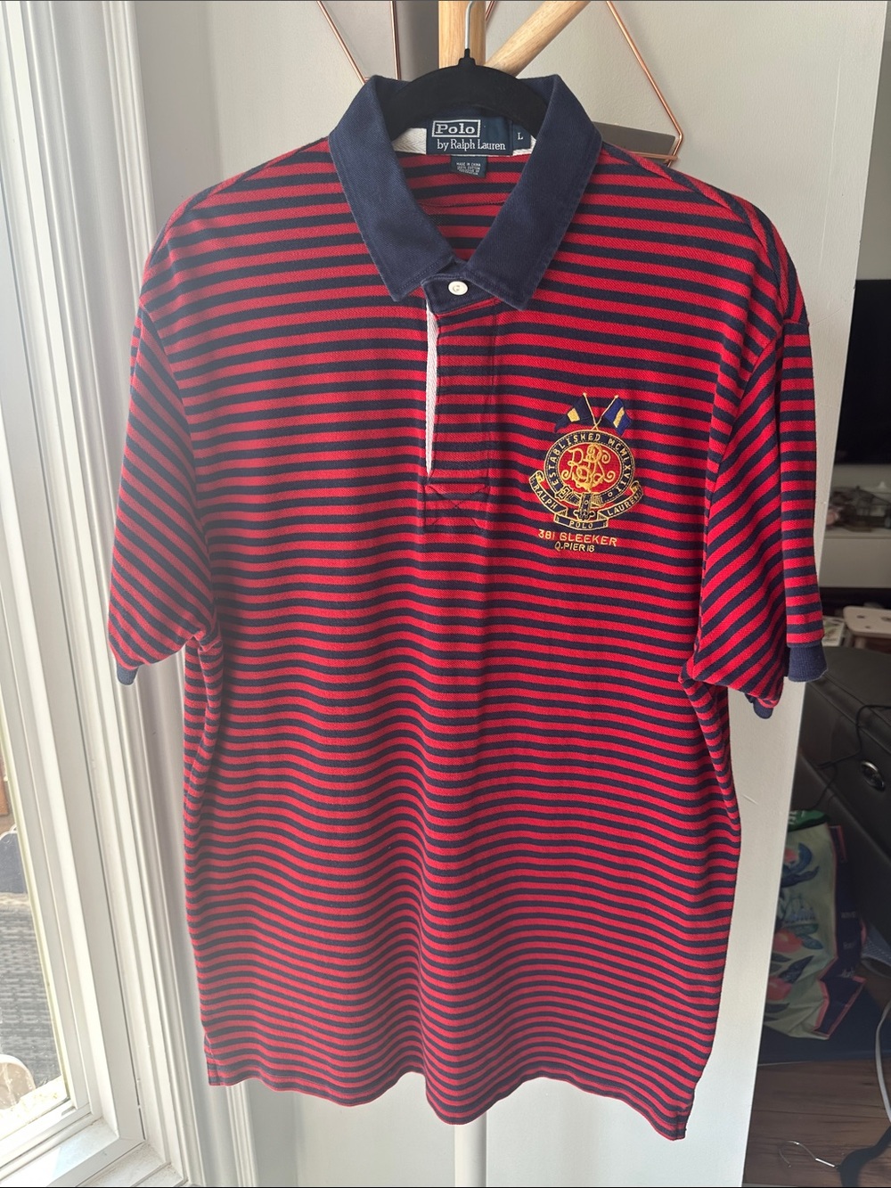 RALPH LAUREN VINTAGE Polo Shirt Top Red Navy Blue Striped Classic Rugby Large